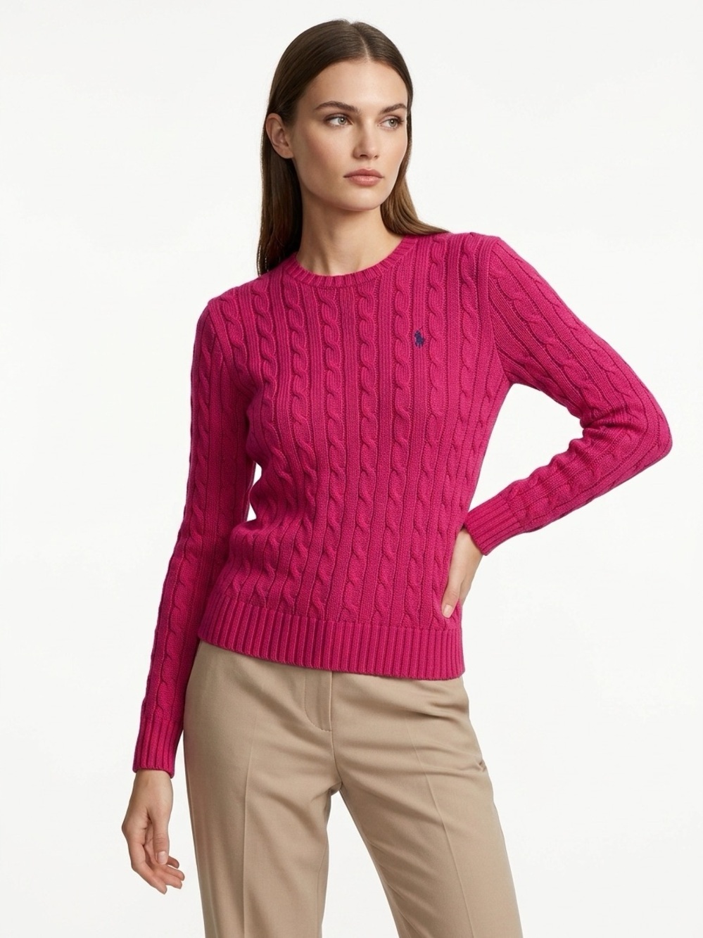Ralph Lauren Cable Knit Crewneck Pullover Sweater Cotton Hot Pink S
